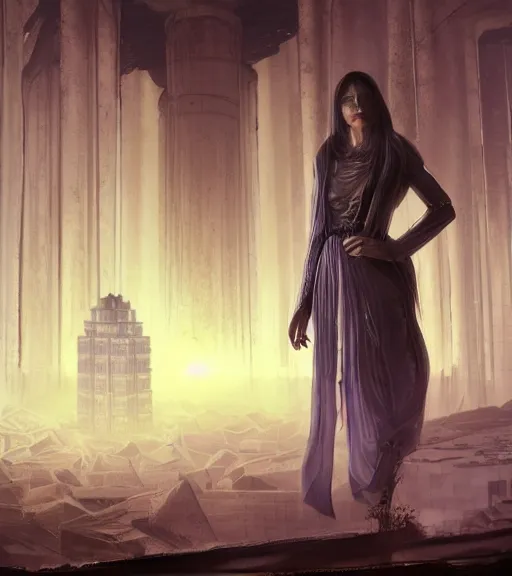 Image similar to ethereal picture of tarkovsky greatest scene, aura of the ancient destroyed majestic tower of babylon, a woman in futuristic cyber clothing, transparent puffer jacket, hyperealistic, blockchain, cyber world, ambient lighting, concept art, intricate, hyper detailed, smooth, dynamic volumetric lighting, ocatane, ray trace, cinematic, high quality, cgsociety