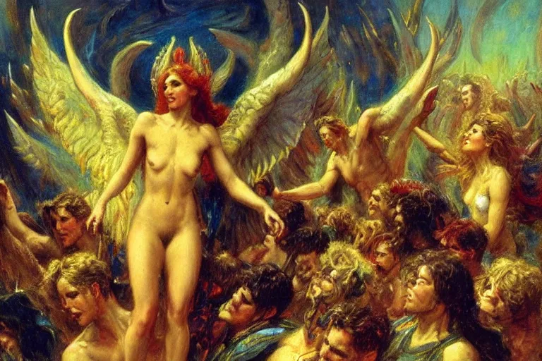 Prompt: lucifer rallying rebel angels in heaven. art by gaston bussiere.