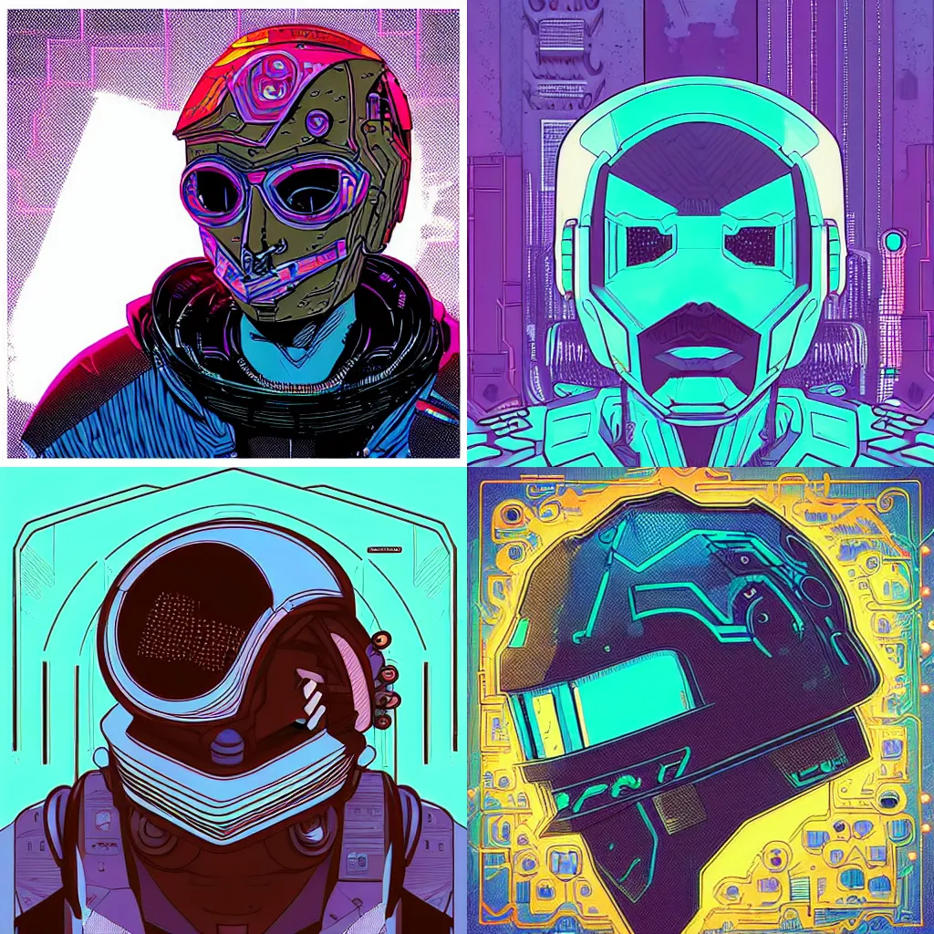 Prompt: “in the style of josan Gonzalez a young brown skinned cyberpunk teenager wearing a futuristic helmet looking content, highly detailed”