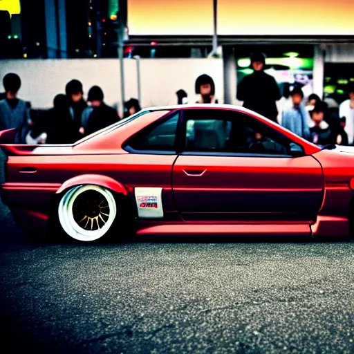 Image similar to a car Nissan Silvia at illegal car meet, Shibuya prefecture, city sunset, cinematic color, photorealistic, highly detailed