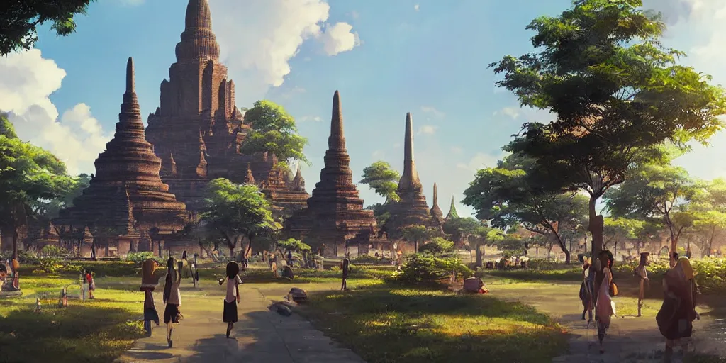 Prompt: a matte of sukhothai in the sunny day, lovely, high quality realistic human, crowded landscape, japanese anime, hyper realistic, volumetric lighting, art by makoto shinkai