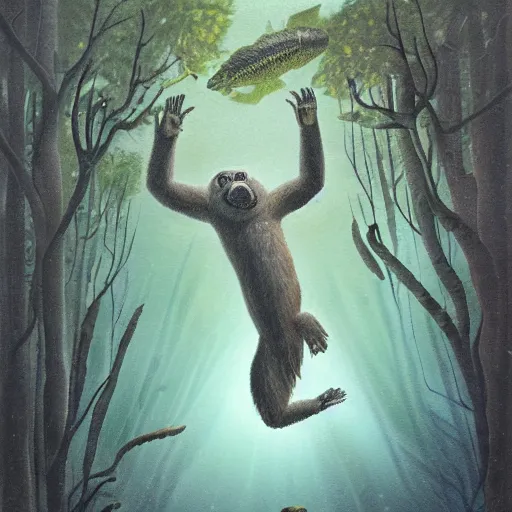 Image similar to Marc Simonette, bigfoots pulling a child underwater, trees, ultra detailed