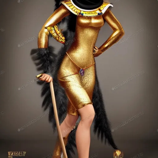 Image similar to egyptian, anthropomorphic cat woman, stylish, with gold elements, model elegant