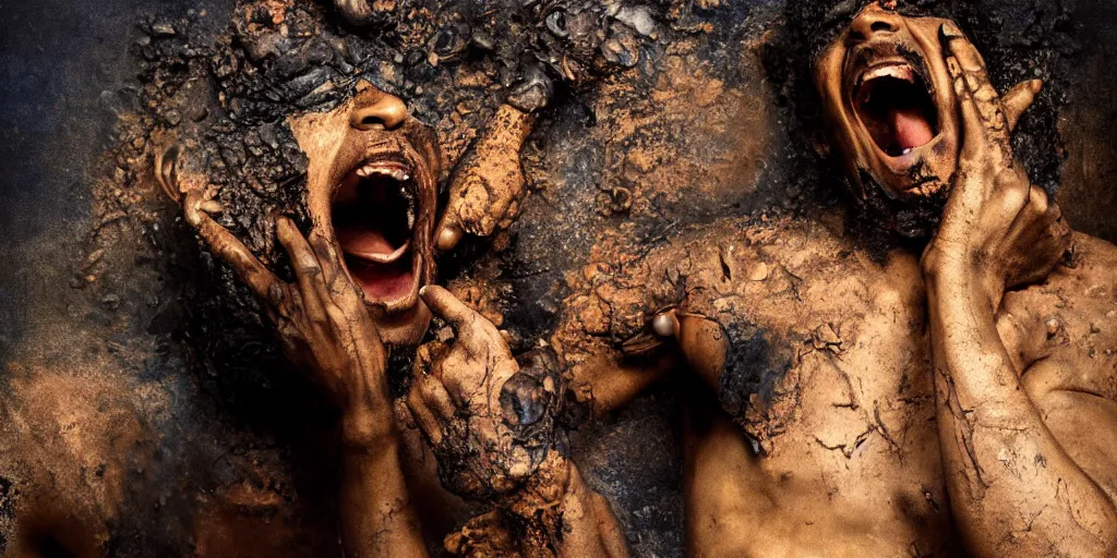 Image similar to highly detailed photography of a screaming black men made of rust clay, burned, rocks, hand gesture, dust particles, dirt, dramatic scene, aesthetic dynamic lighting, masterpiece, by roberto ferri, blue background, high quality, spatula