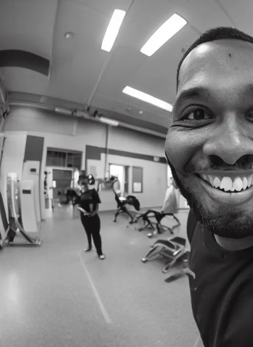 Image similar to ymca worker smiling and giving a tums up. fisheye lens