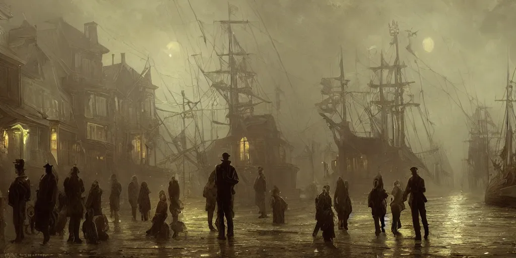 Prompt: streets of innsmouth during the night by the ocean, lovecraftian atmosphere, sailors standing up in front of the house, mutant fishmen walking in the port, mystical fog, oil on canvas, art by andreas achenbach, clemens ascher, tom bagshaw and sabbas apterus,