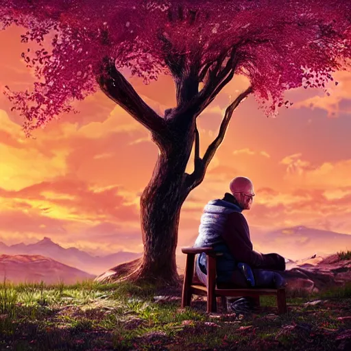 Image similar to featured on artstation photorealistic walter white sitting under a cherry tree overlooking valley waterfall sunset beautiful image stylized digital art