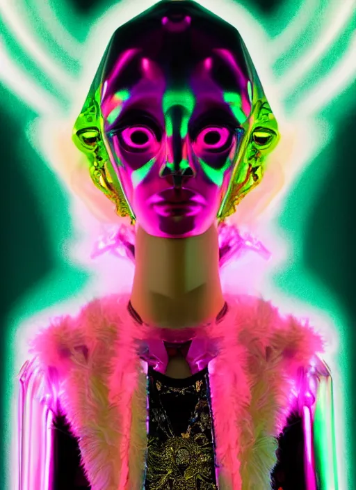 Prompt: photo of baroque and bladerunner geometric neon ruby sculpture of seductive aroused albino king adrien sahores tiger pink iridescent humanoid deity wearing black fluffy hoody holding diamond skull in a black metallic dungeon, reclining, glowing rainbow face, crown of white diamonds, cinematic lighting, photorealistic, octane render 8 k depth of field 3 d