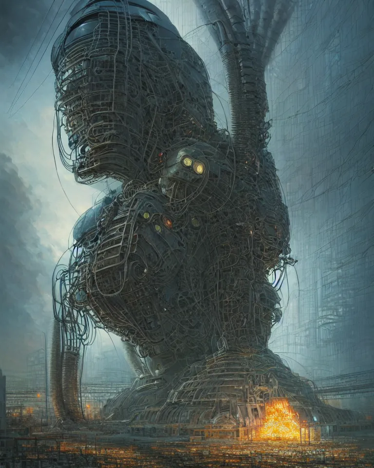 Image similar to low angle shot of a giant cyberpunk robot character in chernobyl, intricate, elegant, highly detailed, centered, digital painting, artstation, concept art, smooth, sharp focus, illustration, artgerm, tomasz alen kopera, peter mohrbacher, donato giancola, joseph christian leyendecker, wlop, boris vallejo