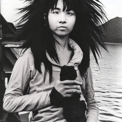 Prompt: black - haired girl with wild spiky black saiyan hair with long bangs over her eyes, hair bangs down to nose, goth hair, muscular, wearing casual clothing, standing on an alaskan fishing vessel, mekoryuk, alaska, 1 9 6 5, polaroid, kodachrome, grainy photograph