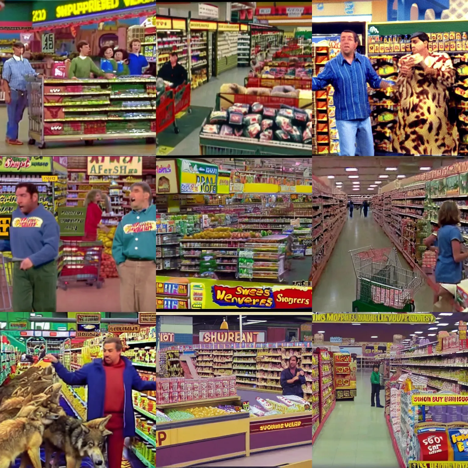 Prompt: A screencap of the episode of Supermarket Sweep where they finally released the Bargain-Hunting Horde of Large and Feral Wolves.