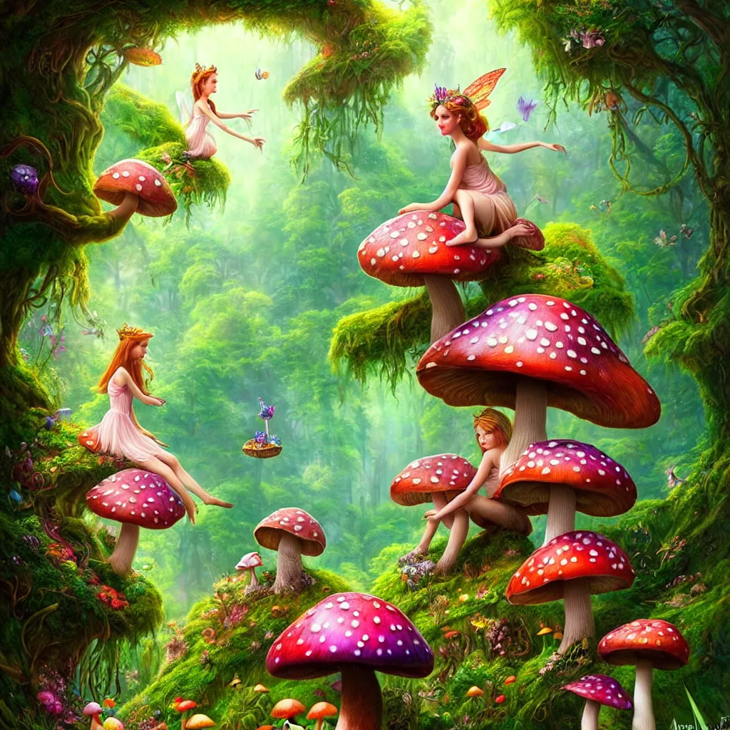 Prompt: fairy princess sitting on top of a mushroom, lush green alice in wonderland style forest backdrop, colorful plants and flowers, vibrant colors, intricate mural, highly detailed, digital painting, trending on artstation, sharp focus, illustration, art by artgerm and greg rutkowski and magali villeneuve