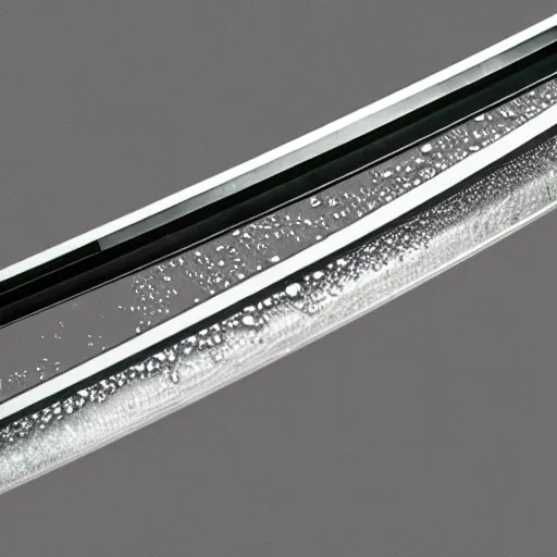 Image similar to Katana with its only water Blade entirety out of flowing water reflecting all light and its handle made out of steel with ancient patterns, Raytracing, white background with shadows, 40nm lens, full katana, zoomed out, high fov, full katana in vision, in vision,