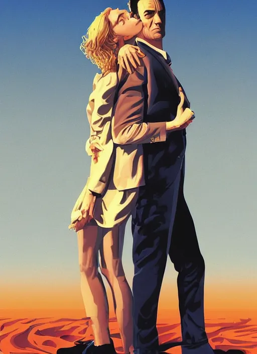 Image similar to poster artwork by Michael Whelan and Tomer Hanuka, Karol Bak of Naomi Watts & Jon Hamm husband & wife portrait, in the pose of The Graduate poster, from scene from Twin Peaks, clean, simple illustration, nostalgic, domestic, full of details