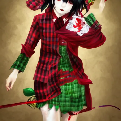 Prompt: an intimidating female flower plant youkai woman, yuuka kazami, with short wavy green hair and burning piercing red eyes, wearing a red plaid dress, 4 k digital beautiful detailed touhou character art portrait by ross tran yoshitaka amano bo chen