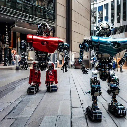 Image similar to A photo of mechanical futuristic robots walking along Rundle Mall in Adelaide, Australia, High detail, realistic photo