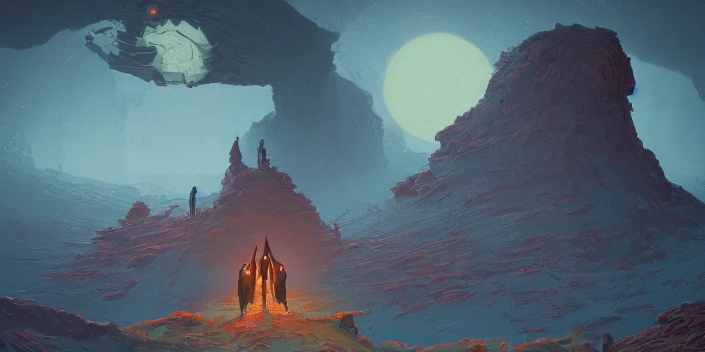 Image similar to the cult of pluto, a highly detailed cinematic oil painting by roger dean and alena aenami, hooded figures, dynamic lighting