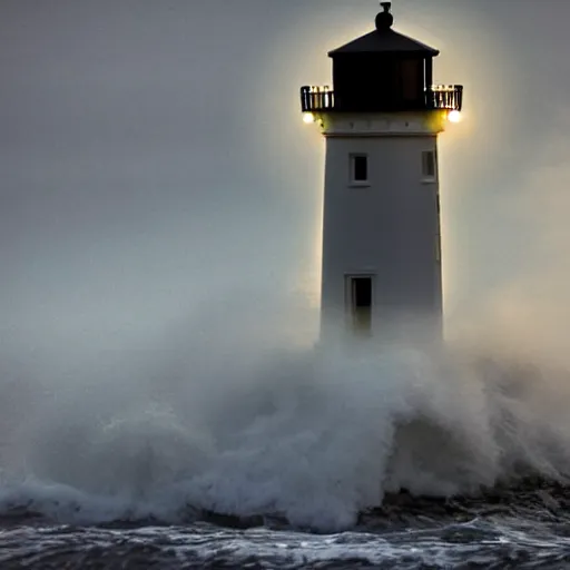 Image similar to close up of light house on cliffs at night with rough seas and high waves, stormy unreal 5