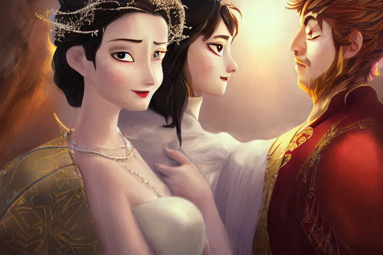 Image similar to a cinematic portrait of wedding photograph jpeg close up moment of a divine a japan sun god and moon goddess lovers magician at a wedding banquet. portraiture. digital painting. artstation. concept art. wedding photo. illustration. frozen ii art masterpiece by art by krenz cushart