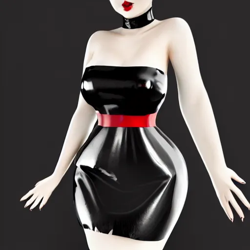 Image similar to an elegant curvy feminine pale goth cutie wearing an elaborate latex-nylon-leather striped red-black-silver-gold neck-high dress, thin waist, cgsociety, photorealistic, 16k, smooth, sharp focus, trending on ArtStation, volumetric lighting, worksafe, sublime-comforting-intriuging ambience