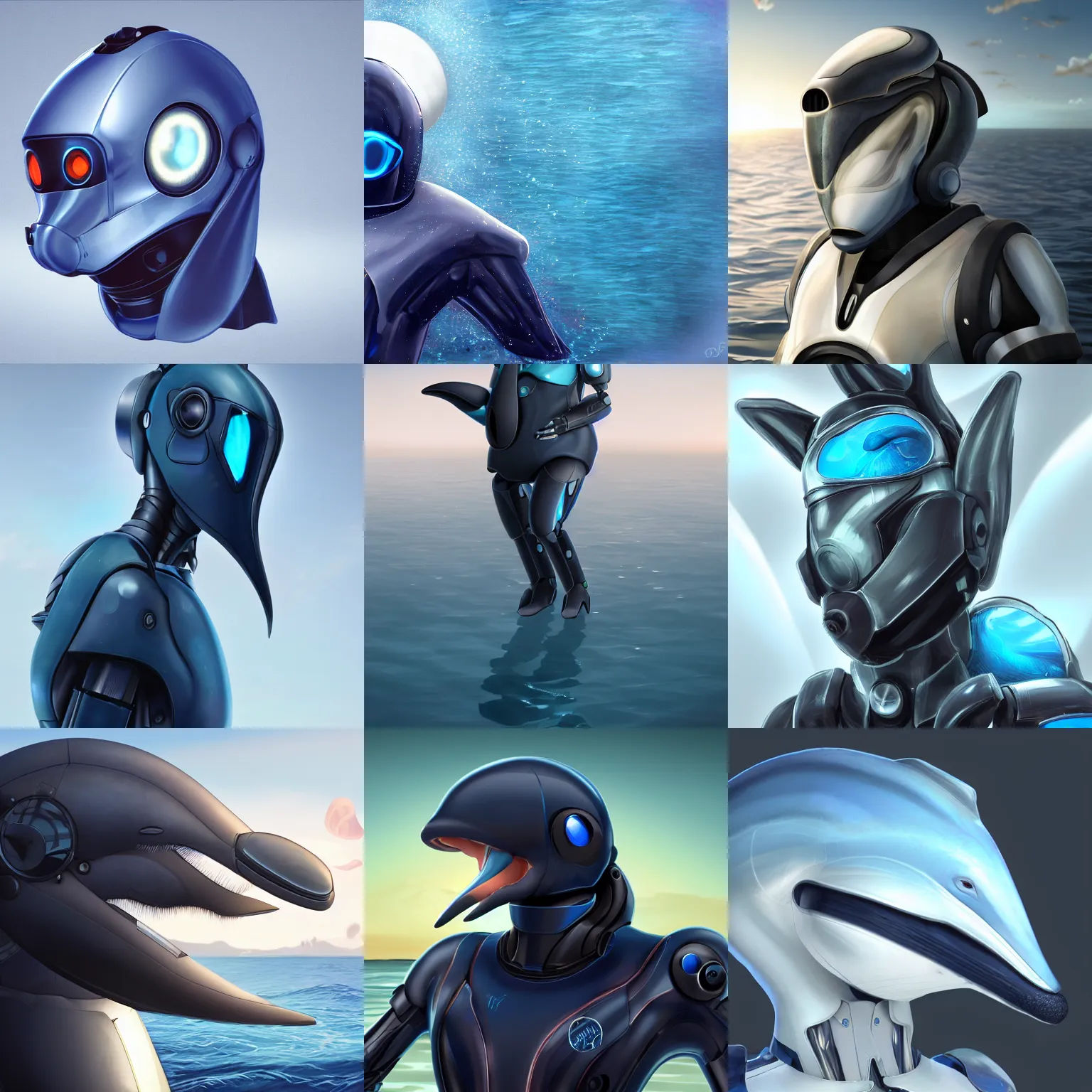 Prompt: very very beautiful furry art, male robotic anthro dolphin, integrated synthetic cetacean hybrid android, face covered by dark opaque visor, wide bottlenose snout protruding from under visor, smooth round shapes, all dark blue metal, commission on furaffinity, cgsociety, octane render, sea in background