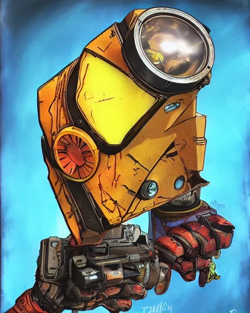 Image similar to cel - shaded claptrap from borderlands 3, airbrush, drew struzan illustration art, key art, movie poster