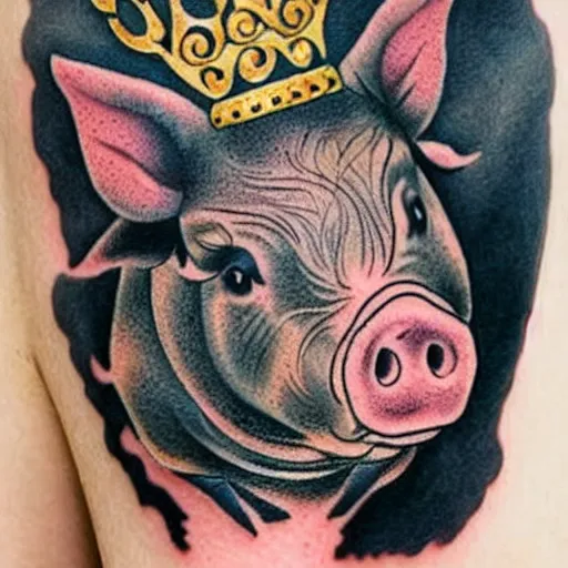 Prompt: traditional american tattoo of pig wearing a gold crown