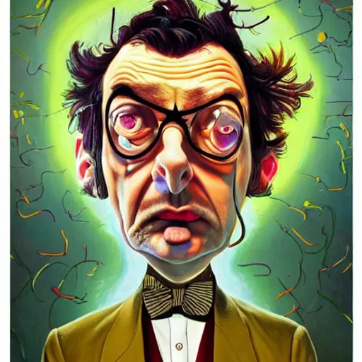 Prompt: mr. bean mad scientist psychopath, conjuring up mysterious colorful potions, portrait by gaston bussierre and charles vess and james jean and erik jones and rhads, inspired by rick and morty, epic, funny, huge scale, beautiful fine face features, intricate high details, sharp, ultradetailed