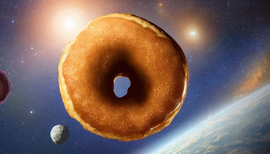 Prompt: A planet in the shape of a donut with terrain, clouds and an ocean in the middle of space and stars, ultra highly detailed,