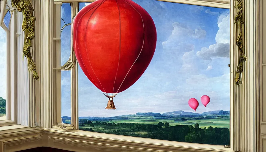 Prompt: a huge standalone hyperrealistic photorealistic hyperdetailed window reflecting a balloon, seen from the distance. art nouveau rococo in the style of caravaggio and botticelli. unexpected maximalist fabric elements hd 8 x matte background in vibrant vivid pastel colour textures