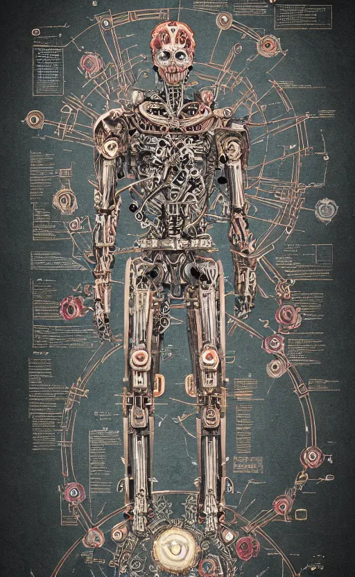 Image similar to anatomy of the vitruvian terminator, robot, cyborg, t 1 0 0, bloodborne diagrams, mystical, intricate ornamental tower floral flourishes, rule of thirds, technology meets fantasy, map, infographic, concept art, art station, style of wes anderson