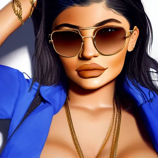 Prompt: Kylie Jenner big bust with aviators on while wearing a blue crop top with cleavage with golden chains around her neck, Realistic, 4k Resolution, 8k Resolution, Detailed, Very Detailed, Highly Detailed, HD Quality, Digital Art, Trending on Artstation