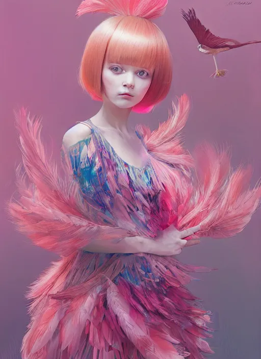 Image similar to beautiful little girl with an pink eccentric haircut wearing an dress made of feathers dancing on stage, artwork made by ilya kuvshinov, inspired in donato giancola, hd, ultra realistic, reflection, flowers, light, realistic face, bird tattoo, trending on pixiv, 8 k, ray tracing, glorious