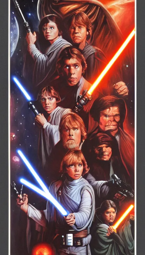 Image similar to poster artwork for the lost jedi star wars unreleased film from 1 9 8 6 featuring portraits luke skywalker, princess leia and han solo montage, an evil female sith lord looms in the background, planets and space battle, moody painting by drew struzan, beautiful backlit, epic award winning, artstation, extremely detailed, photorealistic, 4 k
