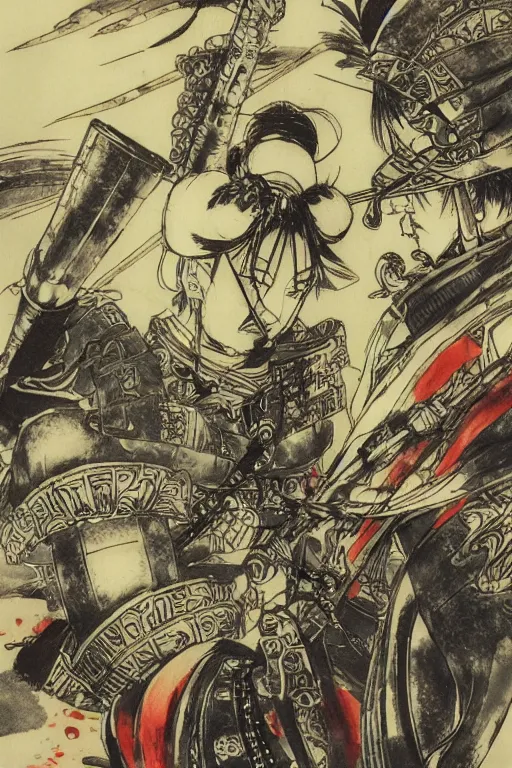 Prompt: elegant illustration of samurai warfare by Yoshitaka Amano