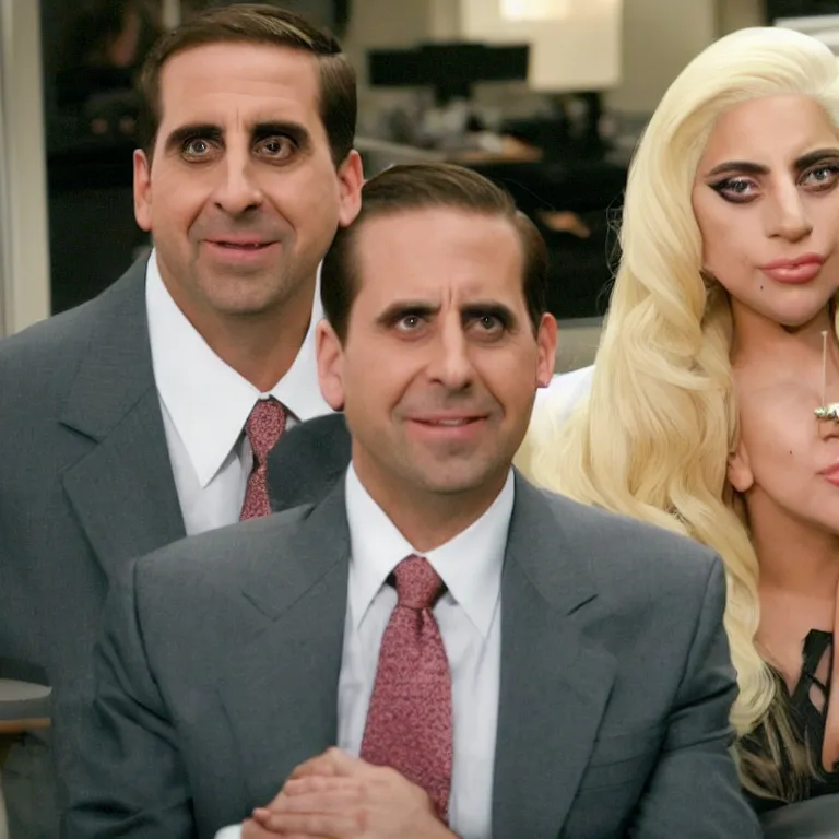 Prompt: confused lady gaga looking at the camera while michael scott smiles behind her, from the office ( 2 0 0 5 ), detailed background, uhd, low light, cinematic, realistic, clear face, clear eyes.