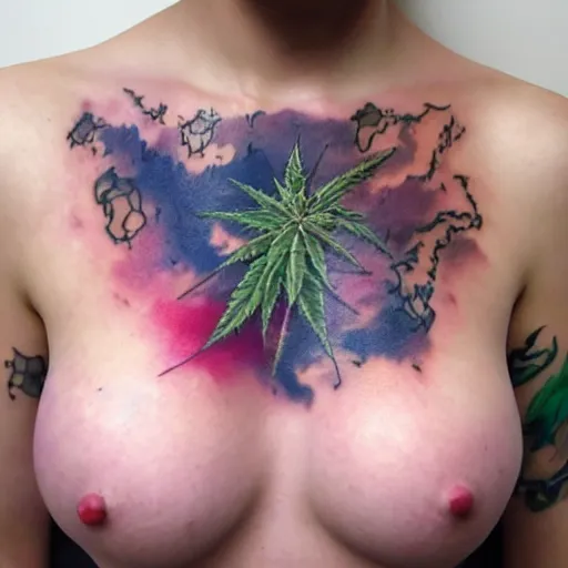 Image similar to an ultra realistic 8 k hdr photo of an award winning healed color tattoo of a hemp bud on a girls chest in japanese style