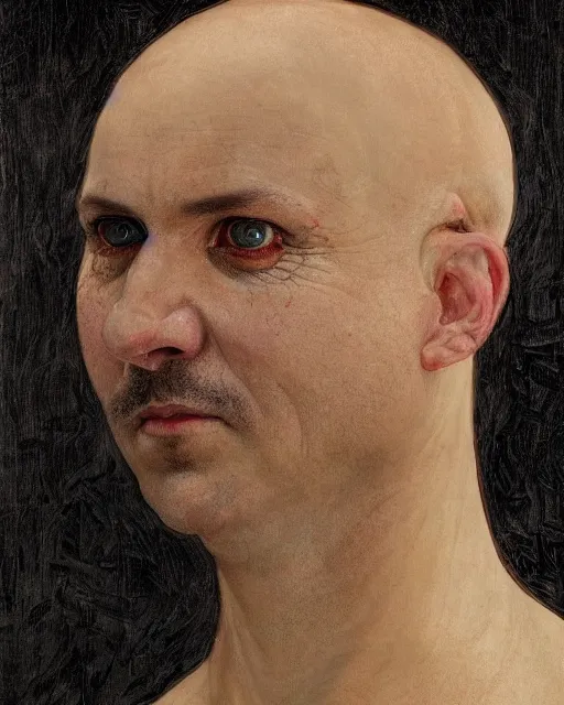 Prompt: portrait of a 4 0 - year - old bald character, male, with a white complexion, wide, cat - like scarlet eyes, nose as a snake, and a thin mouth, wearing in black clothes, hyper realistic face, beautiful eyes, fantasy art, in the style of greg rutkowski, intricate, alphonse mucha, hyper detailed, smooth