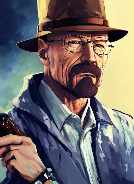 Image similar to a portrait of walter white holding a shotgun, digital painting masterpiece, advanced lighting technology, stylized yet realistic anatomy and face, gorgeous, by shigenori soejima and bastien vives and balak and michael sanlaville, 4 k wallpaper, cinematic, gorgeous brush strokes, coherent and smooth