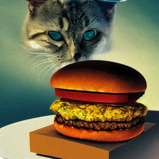 Prompt: a cat made of hamburgers, detailed digital art by salvadore dali,