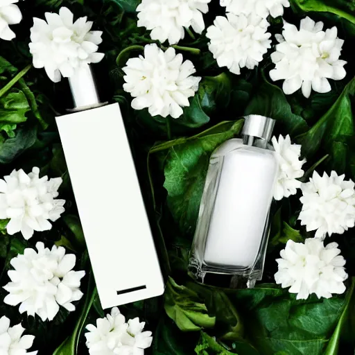 Image similar to centered white perfume bottle lying in a dark bed of leafy - greens and white flowers, illumination lighting, sharp focus, vogue