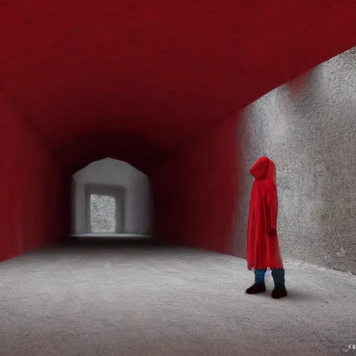 Image similar to a figure covered by red cloth that's blowing in the wind standing in a creepy tunnel with atmospheric light, digital art, concept art, cloth simulation with houdini, octane, redshift, 8 k