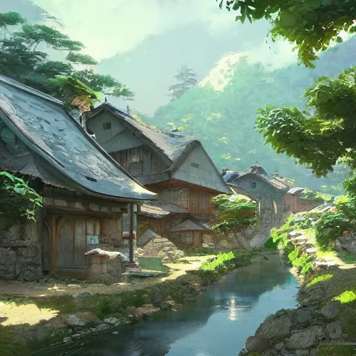 Prompt: concept art painting of a cozy village in a mountainous forested valley, historic european and japanese architecture, realistic, detailed, cel shaded, in the style of makoto shinkai and greg rutkowski and james gurney