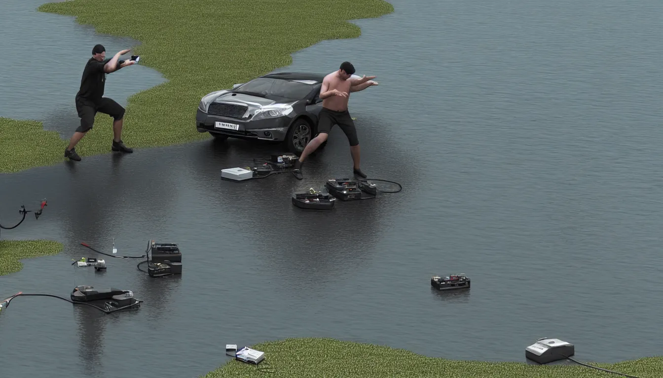 Prompt: man throwing car batteries into the lake, very detailed, 8 k