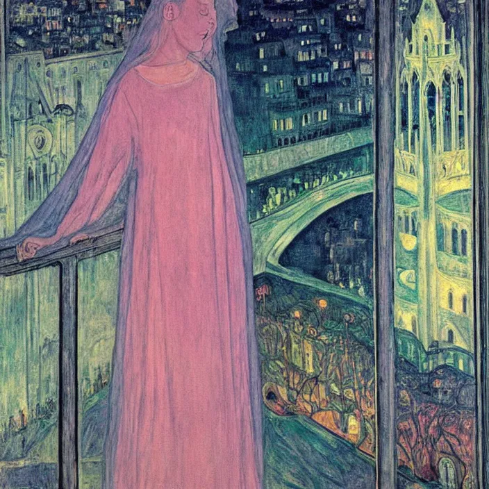 Prompt: woman in transparent vaporous night gown with demonic luminescent white apparition, with city with gothic cathedral seen from a window frame with curtains. night, vivid iridescent psychedelic colors, lamps. fra angelico, munch, egon schiele, henri de toulouse - lautrec, utamaro, monet, agnes pelton