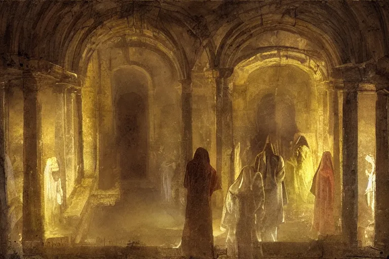 Image similar to inside the tomb of jesus, dark scene, light coming in from the left, small steps leading down, 3 marys crouching in colored robes at the tomb | 2 angels on the right side | medium close | fibonacci composition, by jeremy mann, david palumbo