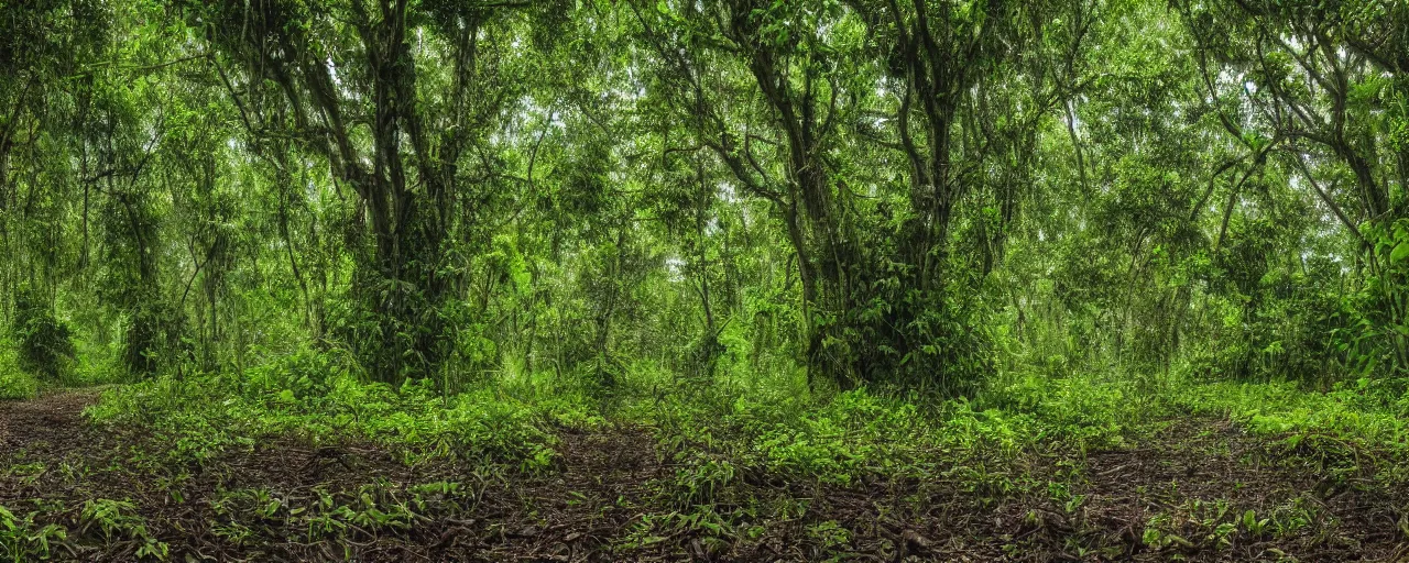 Image similar to photo of a jungle with large trees and vines, mud, puddles, foliage, realistic