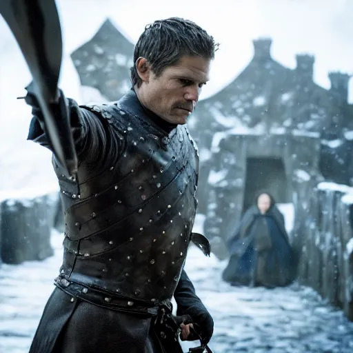 Prompt: medieval fantasy head and shoulders action photo from game of thrones of timothy olyphant as a dueling swashbuckler with a sword, photo by philip - daniel ducasse and yasuhiro wakabayashi and jody rogac and roger deakins
