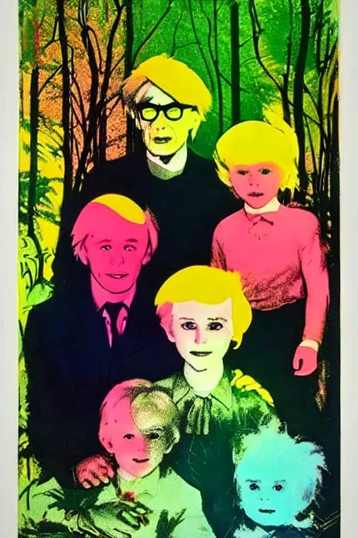 Image similar to ( ( ( ( ( a family in the forest garden with soap bubbles, pop art ) ) ) ) ) by andy warhol and bill sienkiewicz!!!!!!!!!!!!!!!!!!!!!!!!!!!!!!