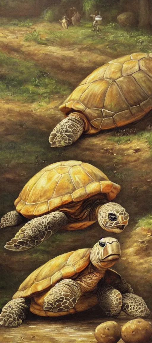 Image similar to giant turtle eating potatoes oil painting